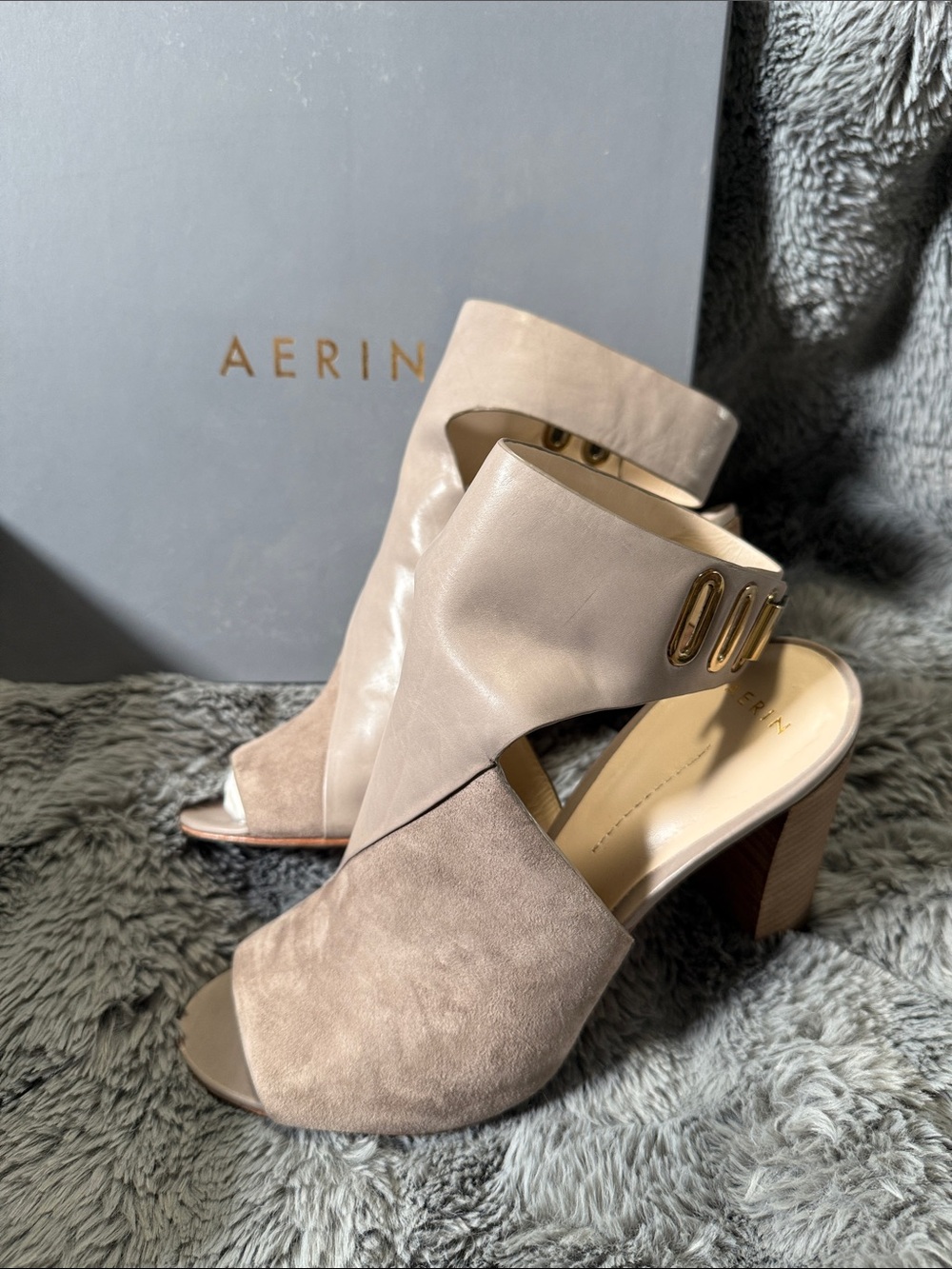 AERIN Taupe Suede & Leather Open-Toe Block Heel Sandals with Gold Hardware